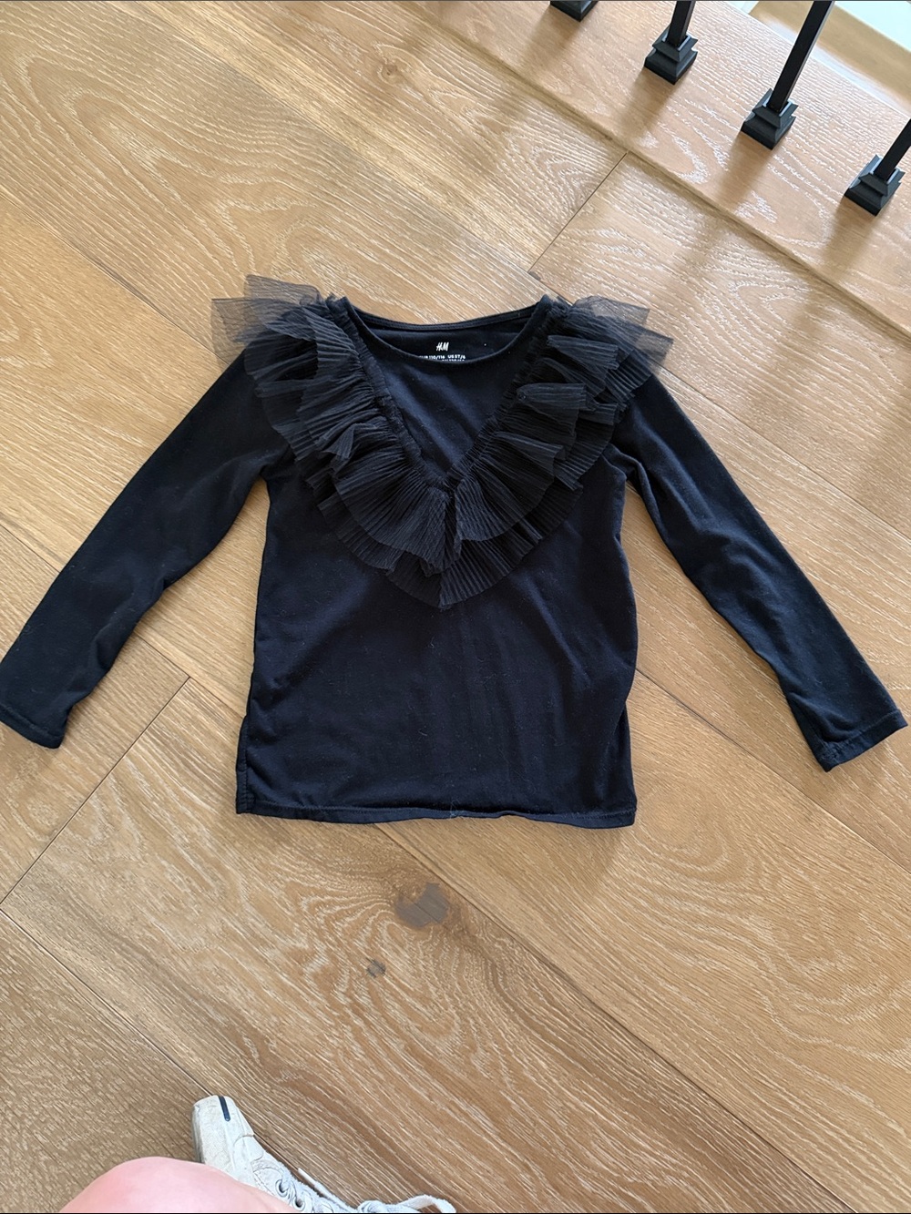 H&M Black Long-Sleeve Girls Top with Layered Tulle Ruffle V